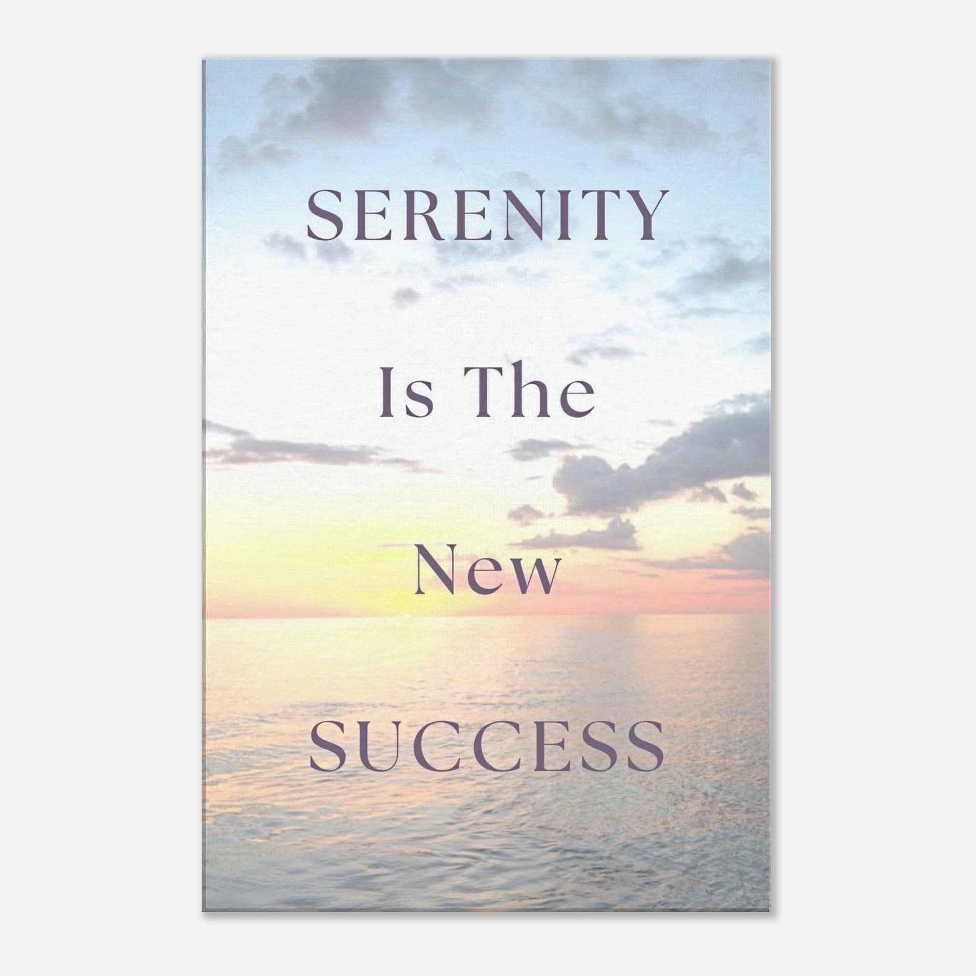 Inspirational ocean-themed canvas wall art with bold serenity message in warm, tranquil tones


