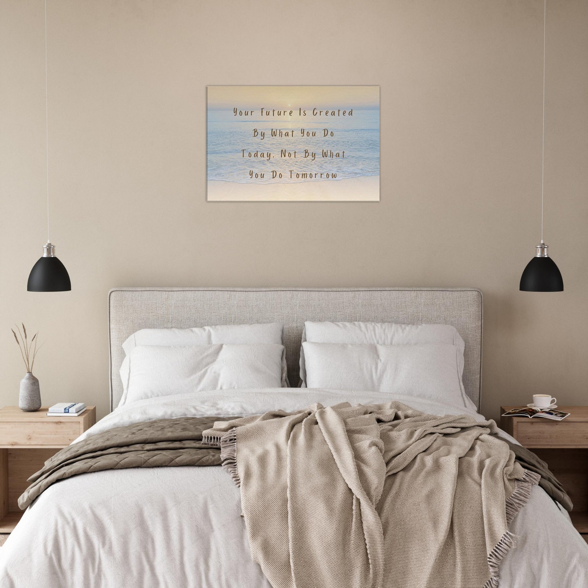 Motivational canvas print featuring quote on daily effort shaping the future. Clean, modern design with soft tranquil colors. 