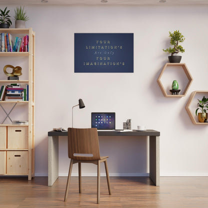 Quote canvas on dark blue with yellow lettering, challenge your limits and embrace possibility.
