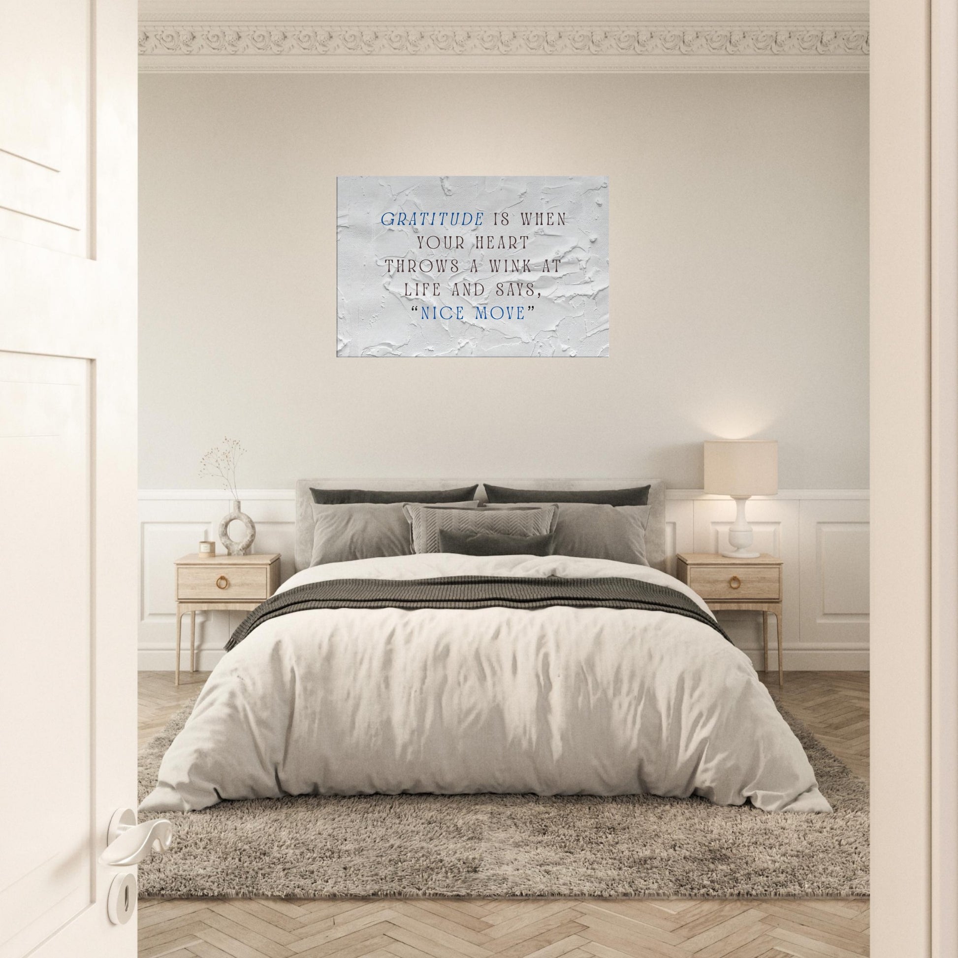 Gratitude-themed print with clean white backdrop and heartfelt, humorous quote in bold text

