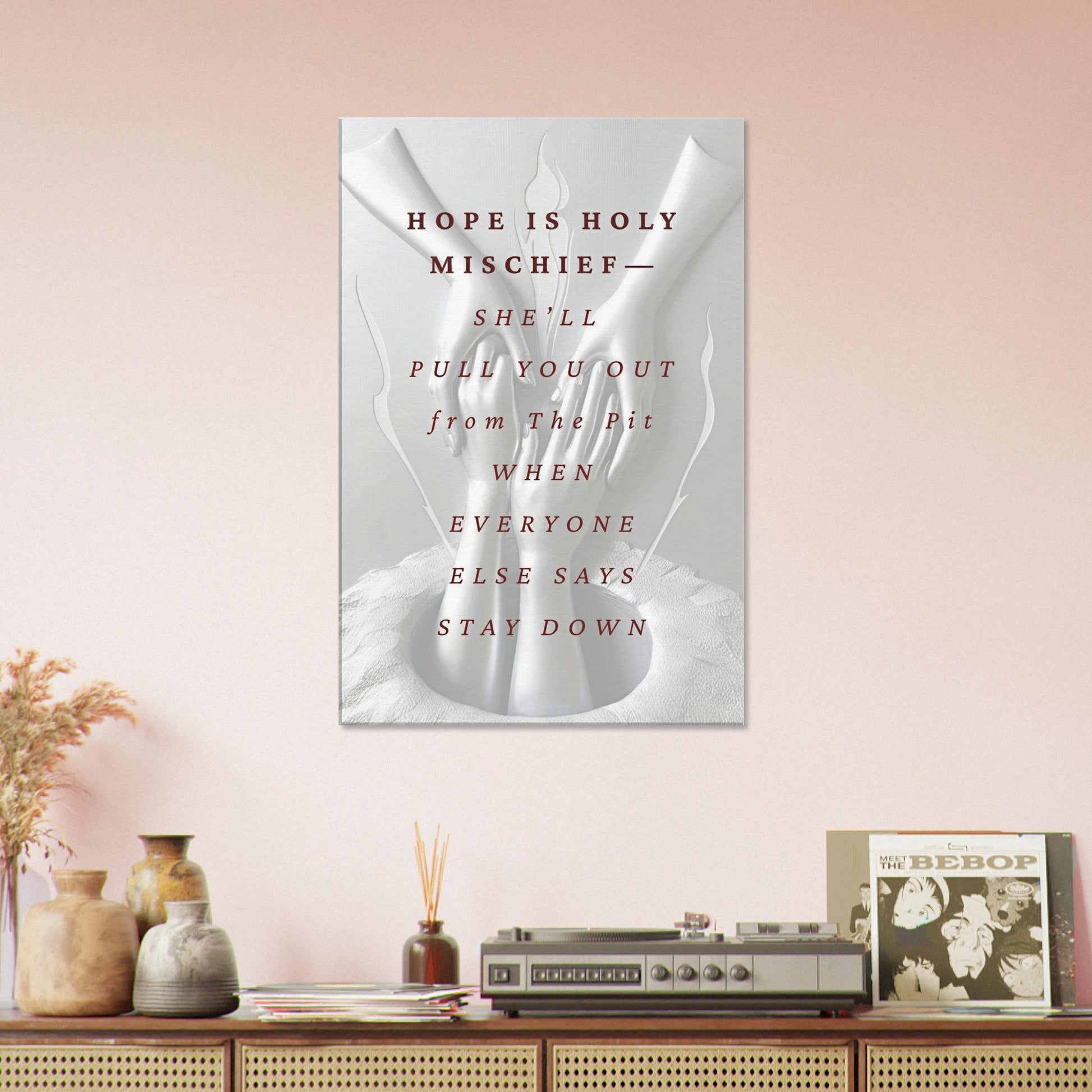 Emotional spiritual decor with soft gray tones and message of divine strength