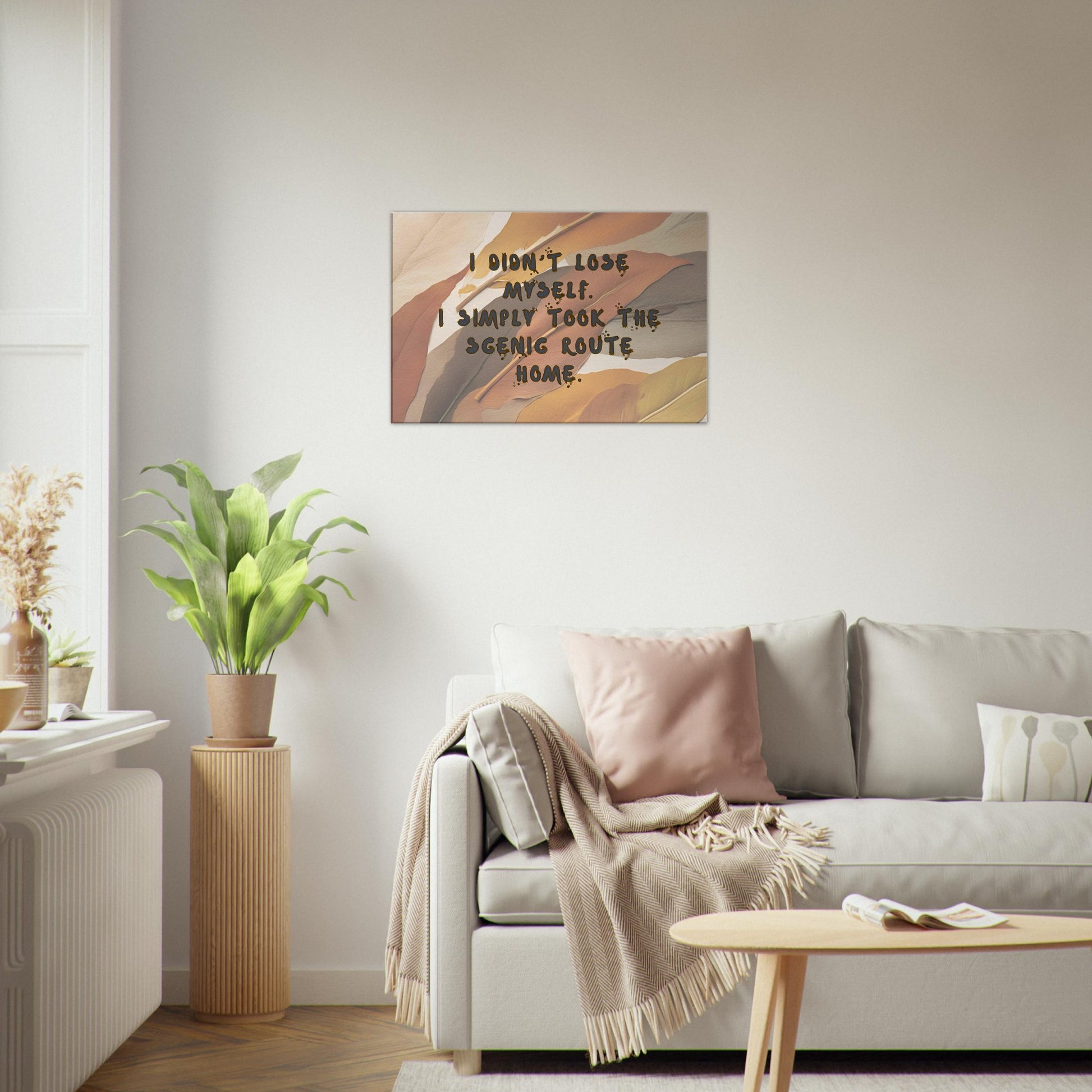 Quote art celebrating self-rediscovery with bold lettering and artistic leaf imagery in autumn hues

