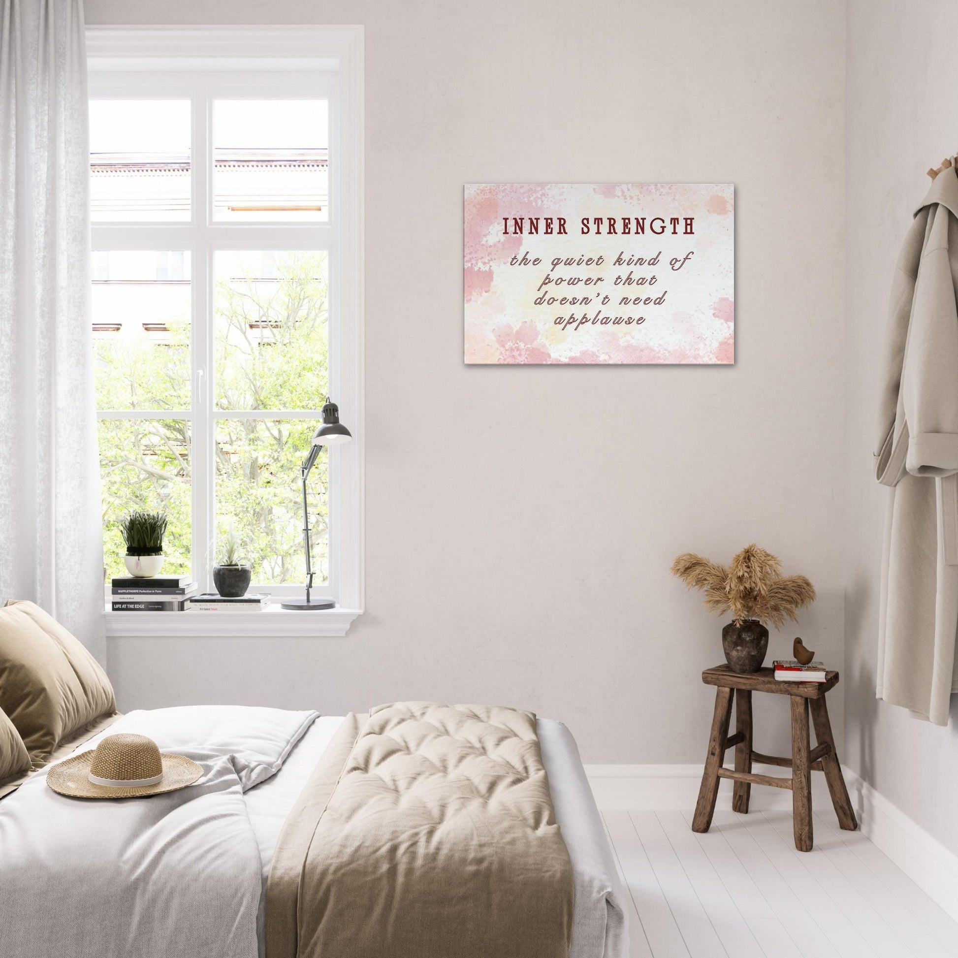 Modern inspirational art with feminine tones and bold quote celebrating quiet resilience

