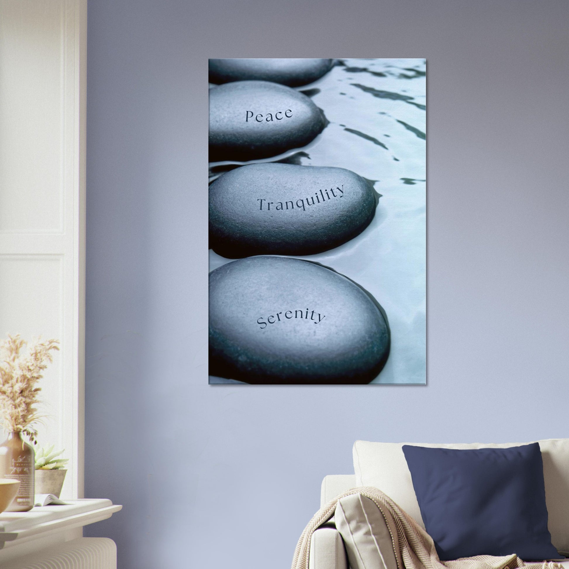 Zen-inspired inspirational art with smooth stone imagery and tranquil color palette

