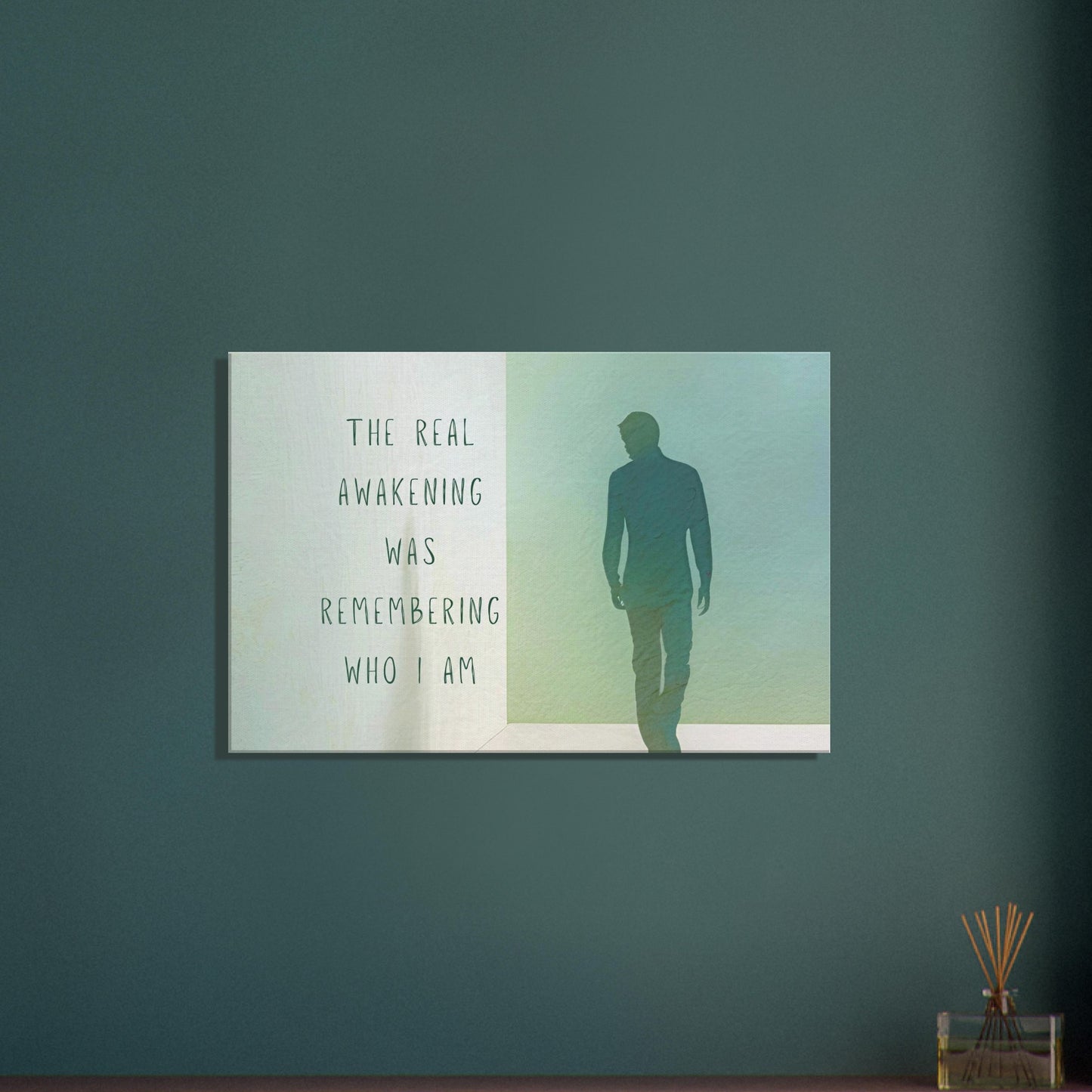 Reflective decor with green tones and quote about remembering your truth

