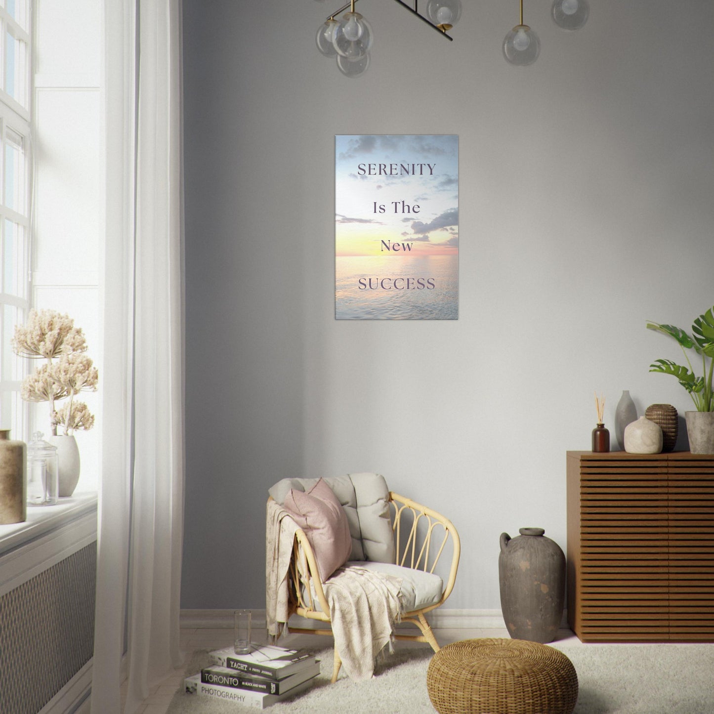 Blue, orange, and white sky over ocean backdrop with burgundy inspirational text about peaceful living

