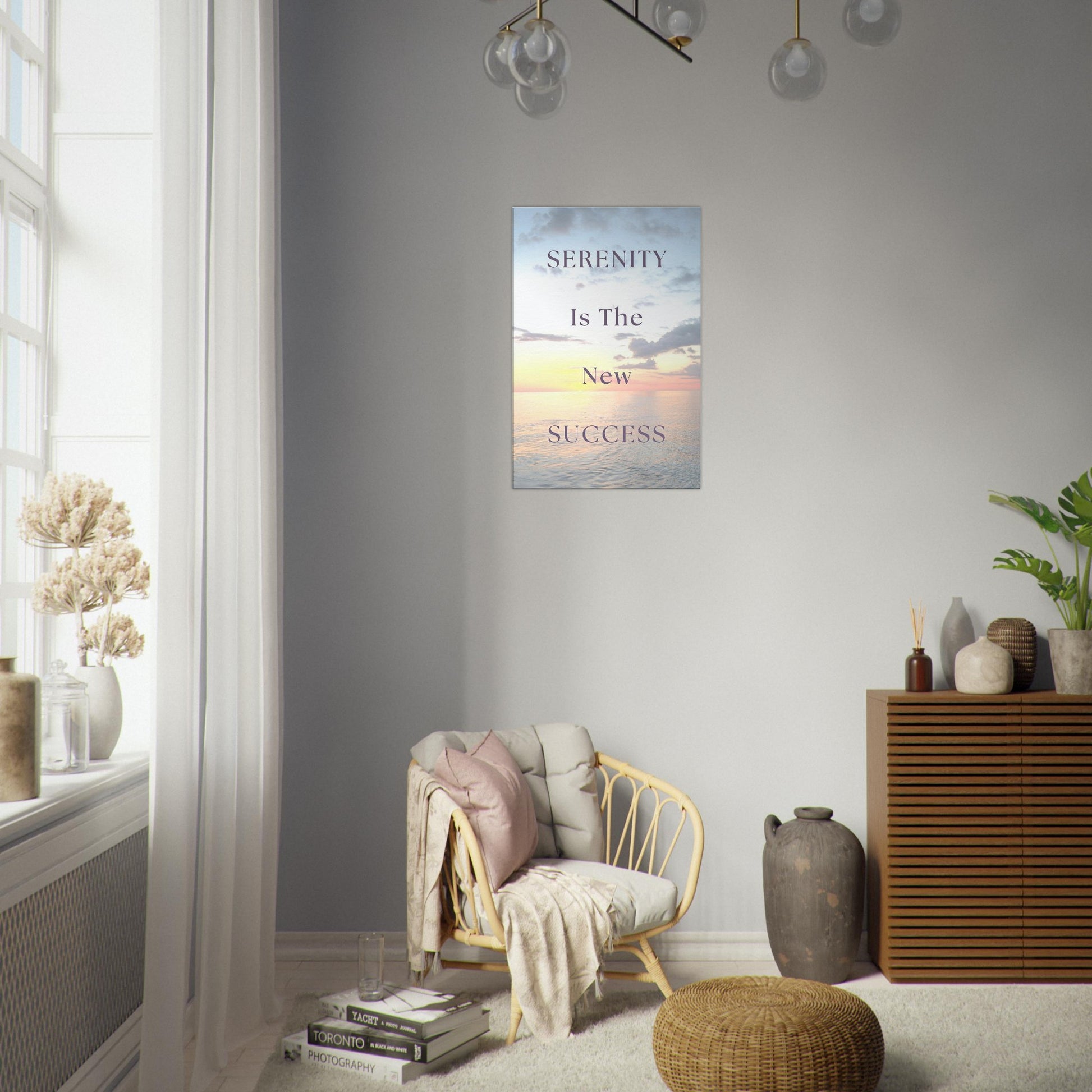 Blue, orange, and white sky over ocean backdrop with burgundy inspirational text about peaceful living

