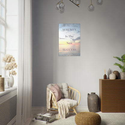 Blue, orange, and white sky over ocean backdrop with burgundy inspirational text about peaceful living


