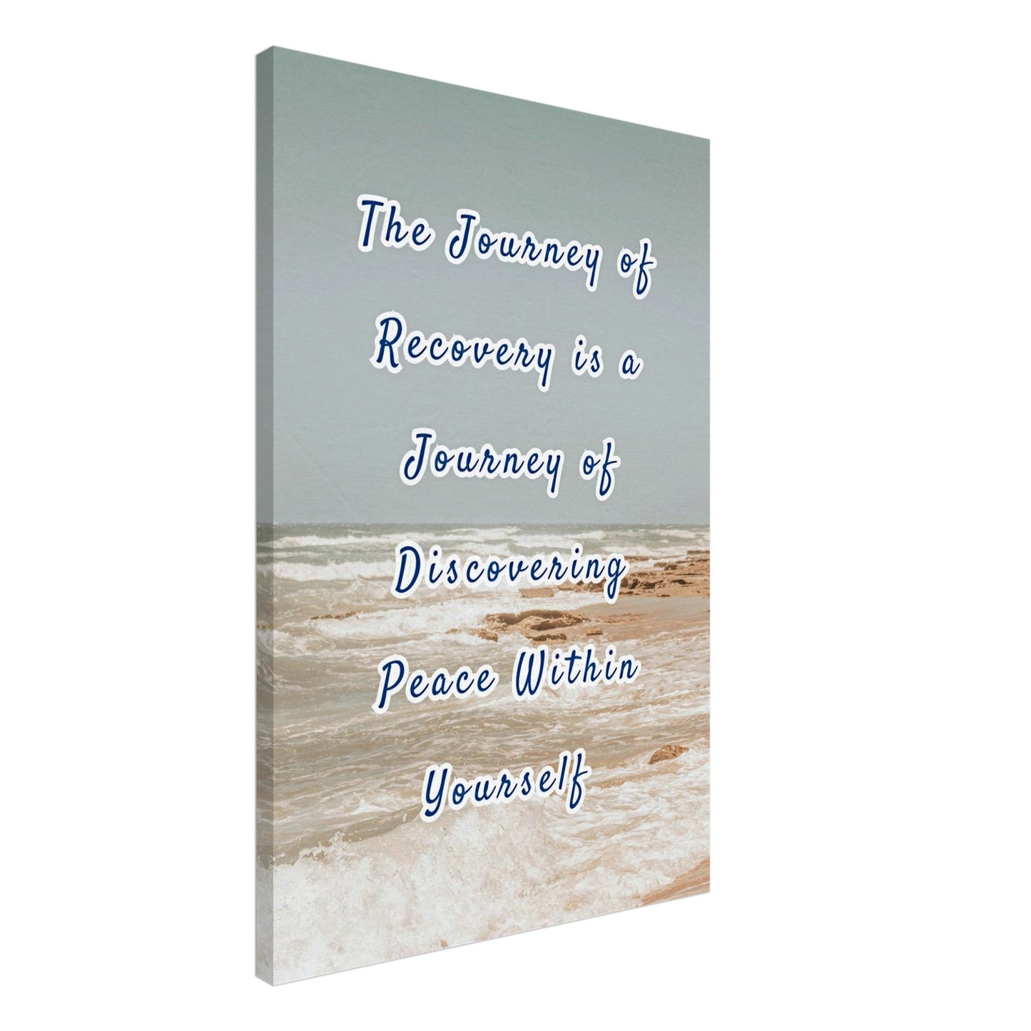 Recovery canvas art with quote about discovering peace and beach background
