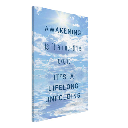 Inspirational canvas art with bright white clouds and blue skies over tranquil water and quote about lifelong awakening

