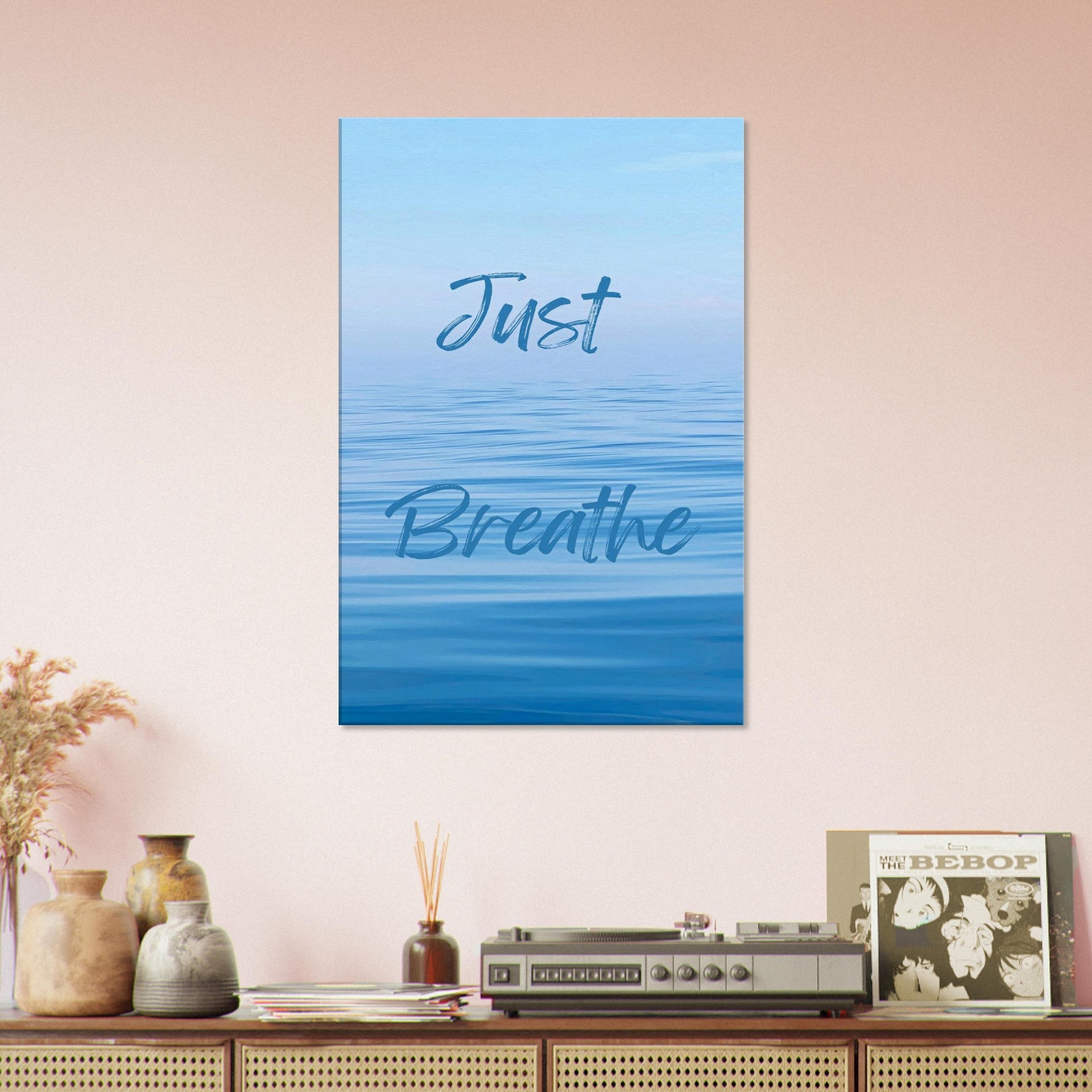 Peaceful ocean print with breathing reminder and soothing tones