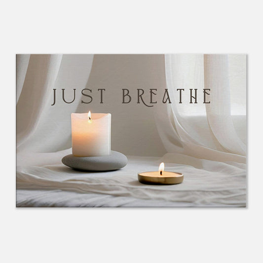 Recovery canvas art with quote "Just Breathe" and warm candlelight background