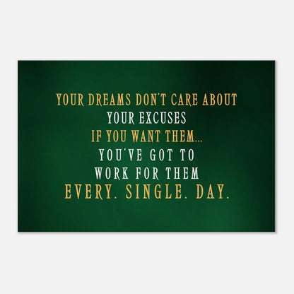 Motivational canvas print with bold quote about discipline and goals. Green background with white and orange text accents.