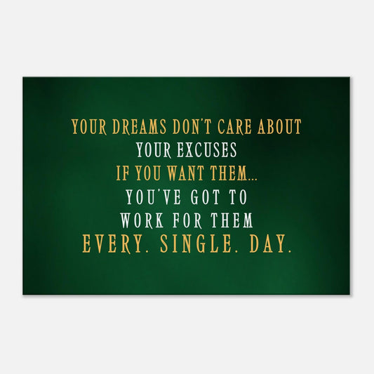 Motivational canvas print with bold quote about discipline and goals. Green background with white and orange text accents.