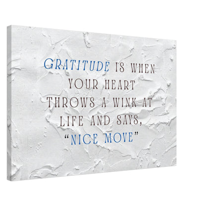 White textured canvas with quote about gratitude and playful blue and burgundy lettering

