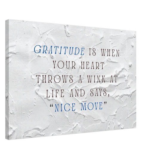 White textured canvas with quote about gratitude and playful blue and burgundy lettering

