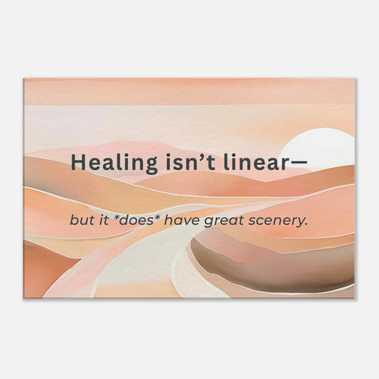 Horizontal inspirational canvas print with healing quote on soft abstract background

