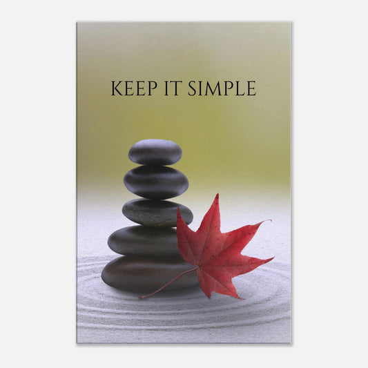 Olive green canvas wall art with "Keep It Simple" quote and stacked serenity rocks. Perfect for serenity rooms. 