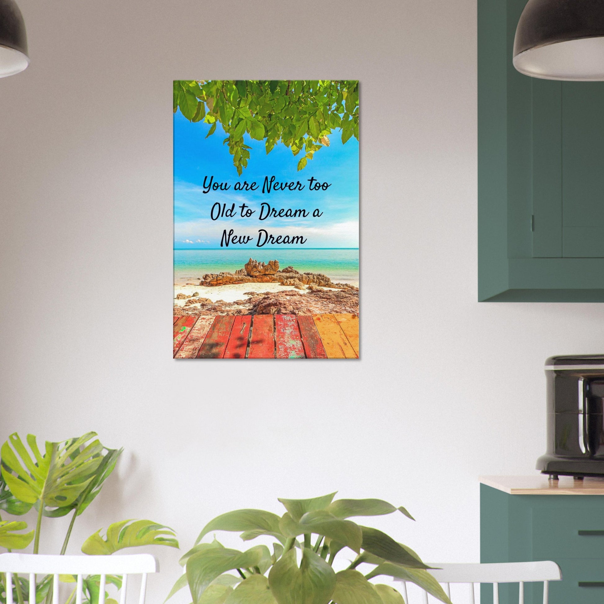 Coastal wall art featuring motivational quote and peaceful beach backdrop in soothing blues

