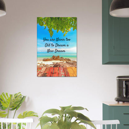 Coastal wall art featuring motivational quote and peaceful beach backdrop in soothing blues

