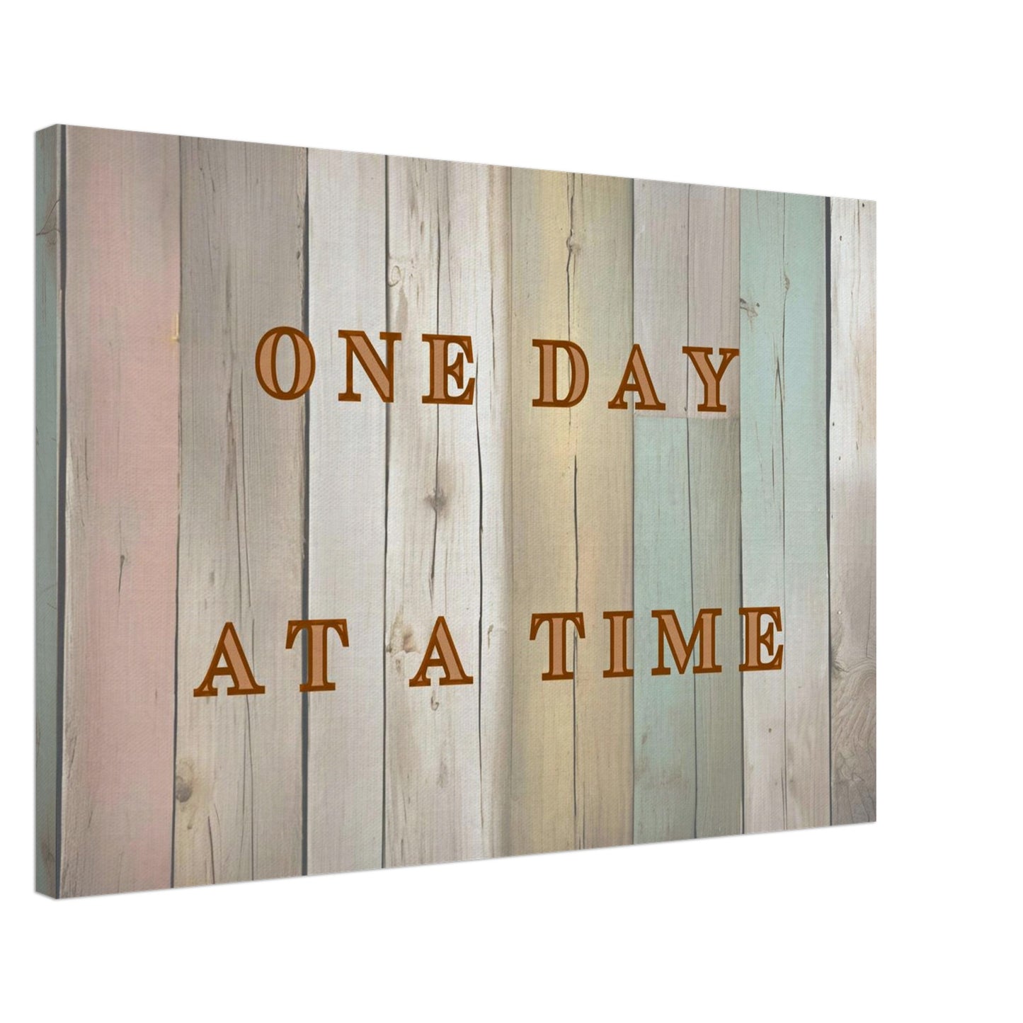Recovery canvas art with quote "One Day At A Time" on multicolored wood background