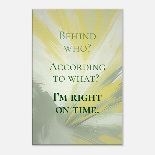 Inspirational canvas print with bold text on subtle white and green brush strokes. 