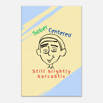 Abstract yellow and blue background canvas with smirking man sketch and recovery quote in playful tone.