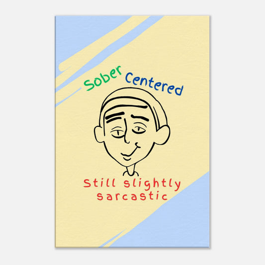 Abstract yellow and blue background canvas with smirking man sketch and recovery quote in playful tone.