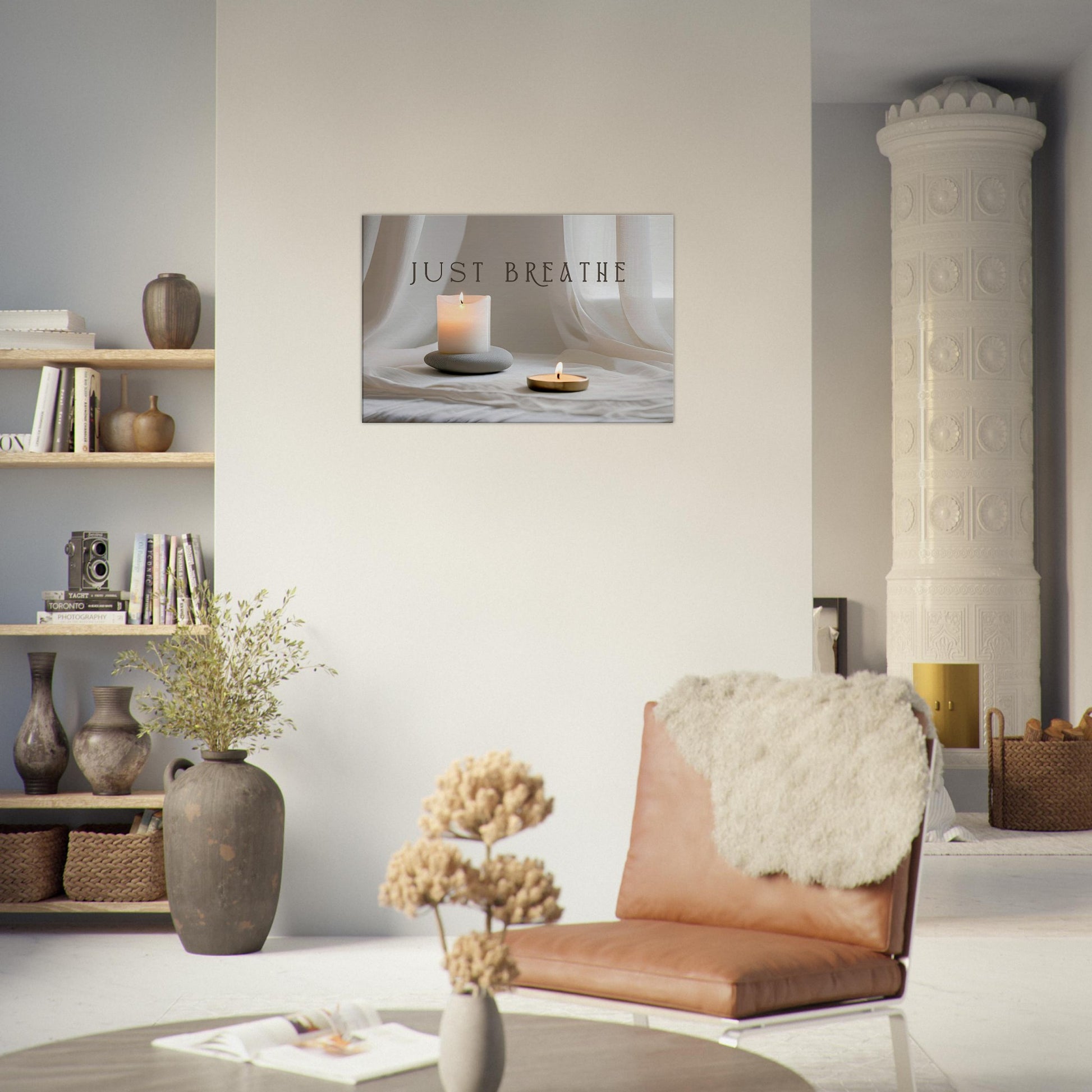 Calming wall art featuring glowing candles and linen texture