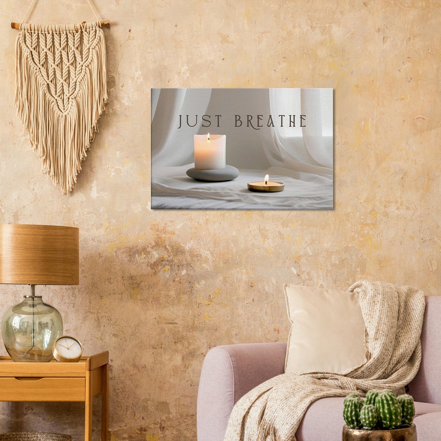 Calming wall art featuring glowing candles and linen texture