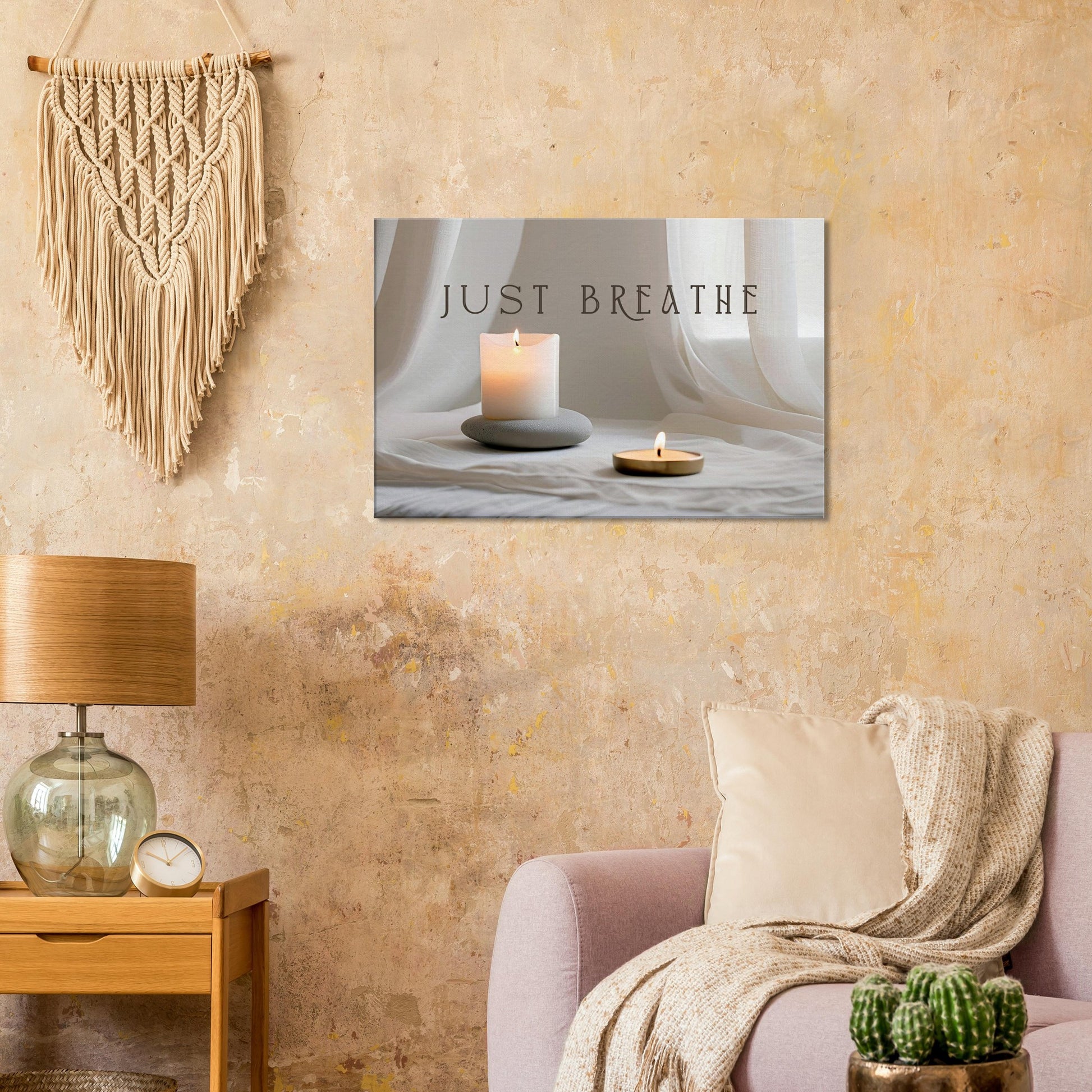 Calming wall art featuring glowing candles and linen texture