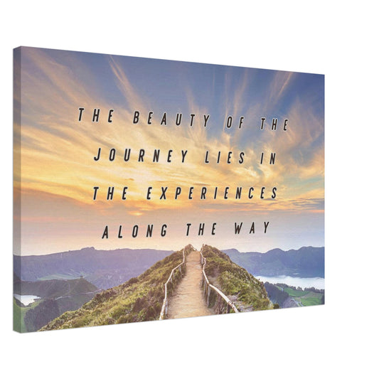 Vibrant color sunset with mountain peaks with quote 'The beauty of the journey lies in the experiences along the way. 