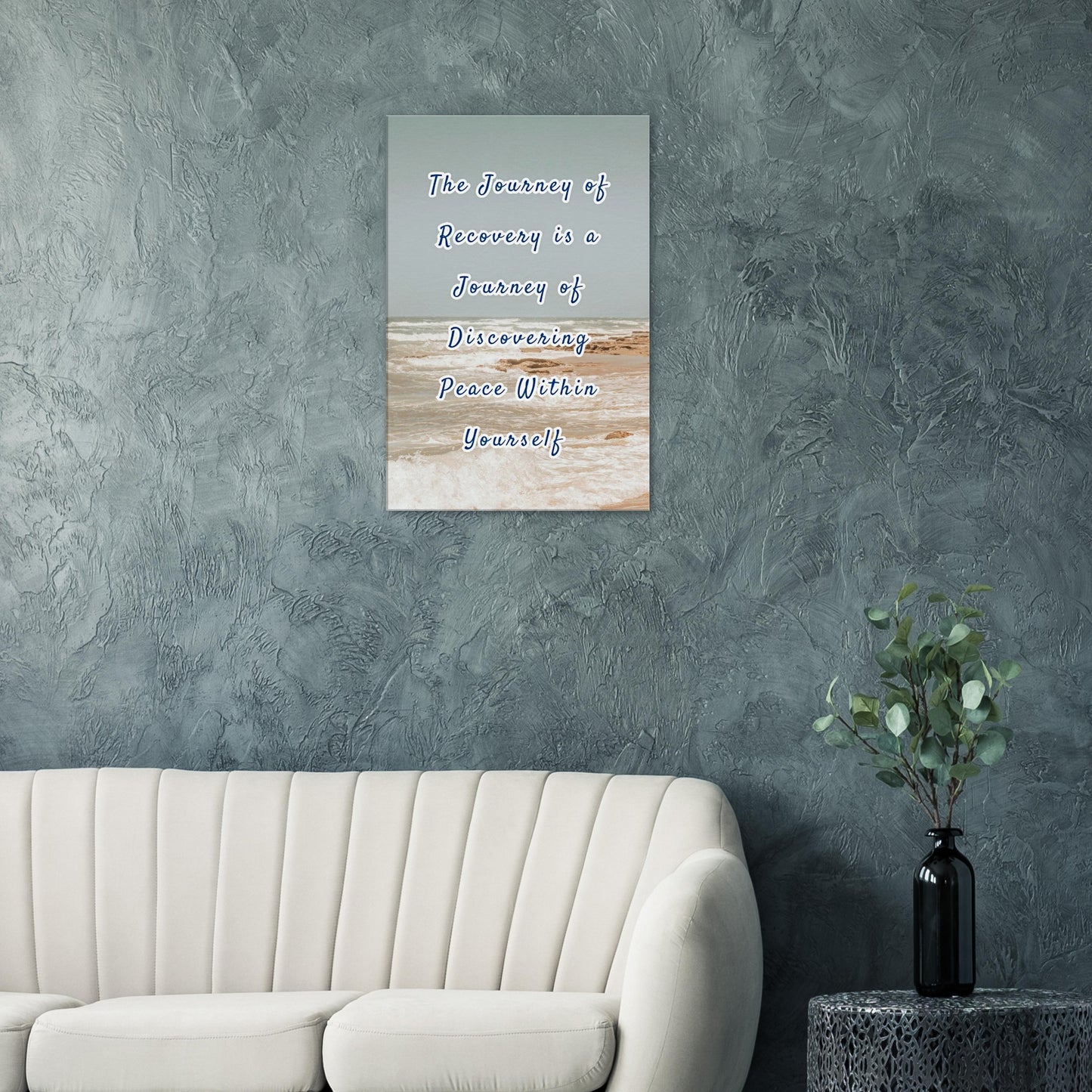 Inspirational beach scene wall art with soft gray sky and recovery message