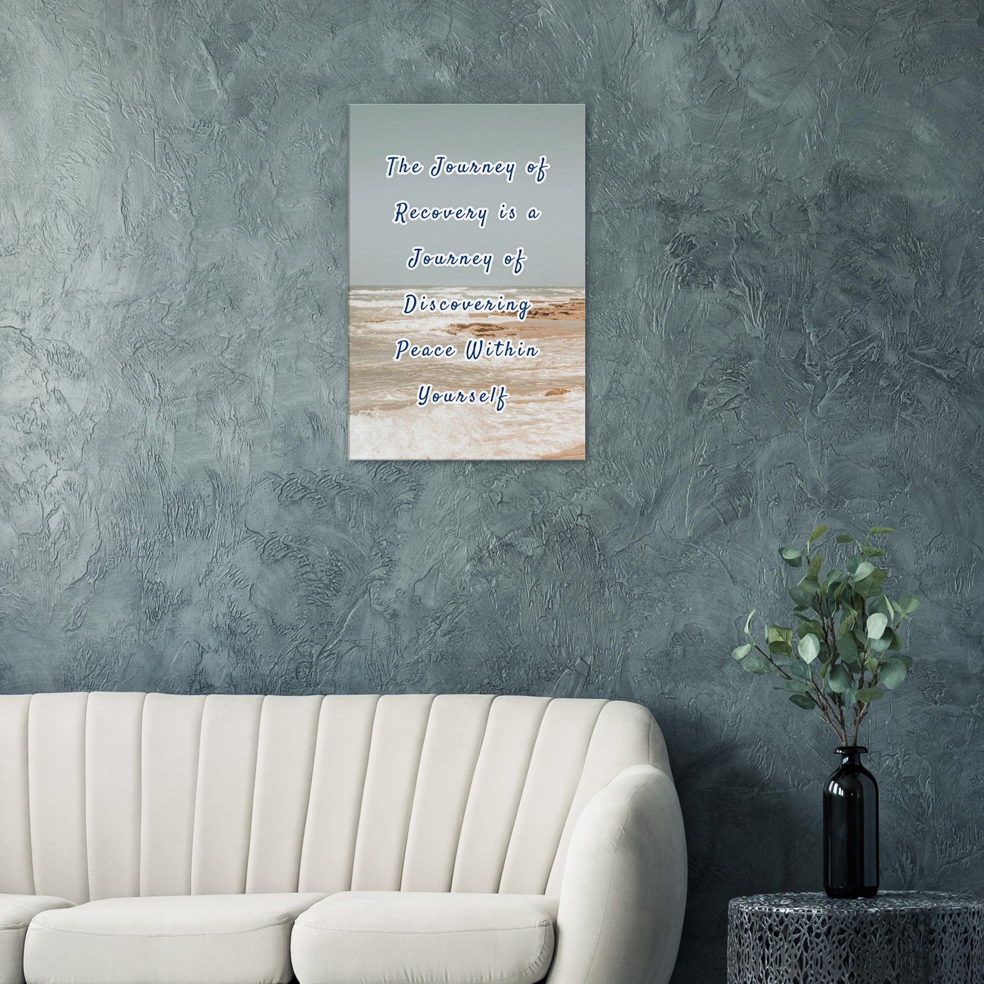 Inspirational beach scene wall art with soft gray sky and recovery message