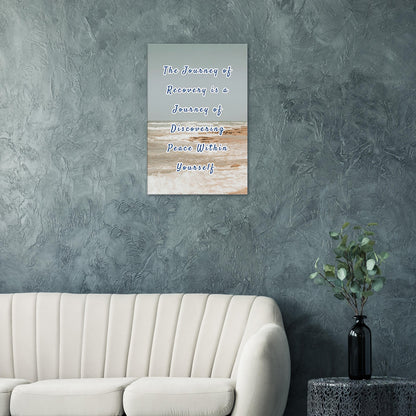Inspirational beach scene wall art with soft gray sky and recovery message