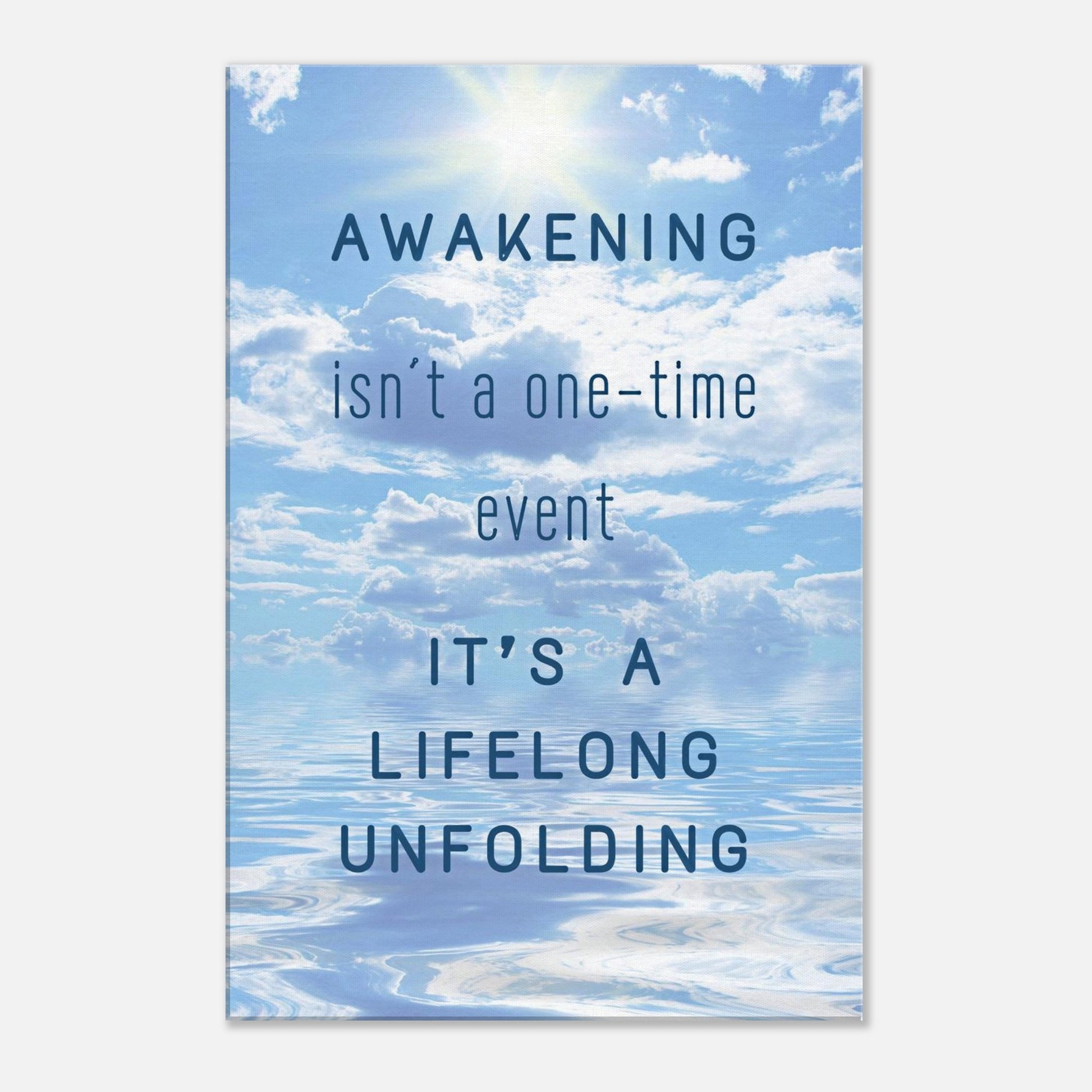 Peaceful wall art featuring reflective message and calm blue background with airy clouds and soft rippling waves

