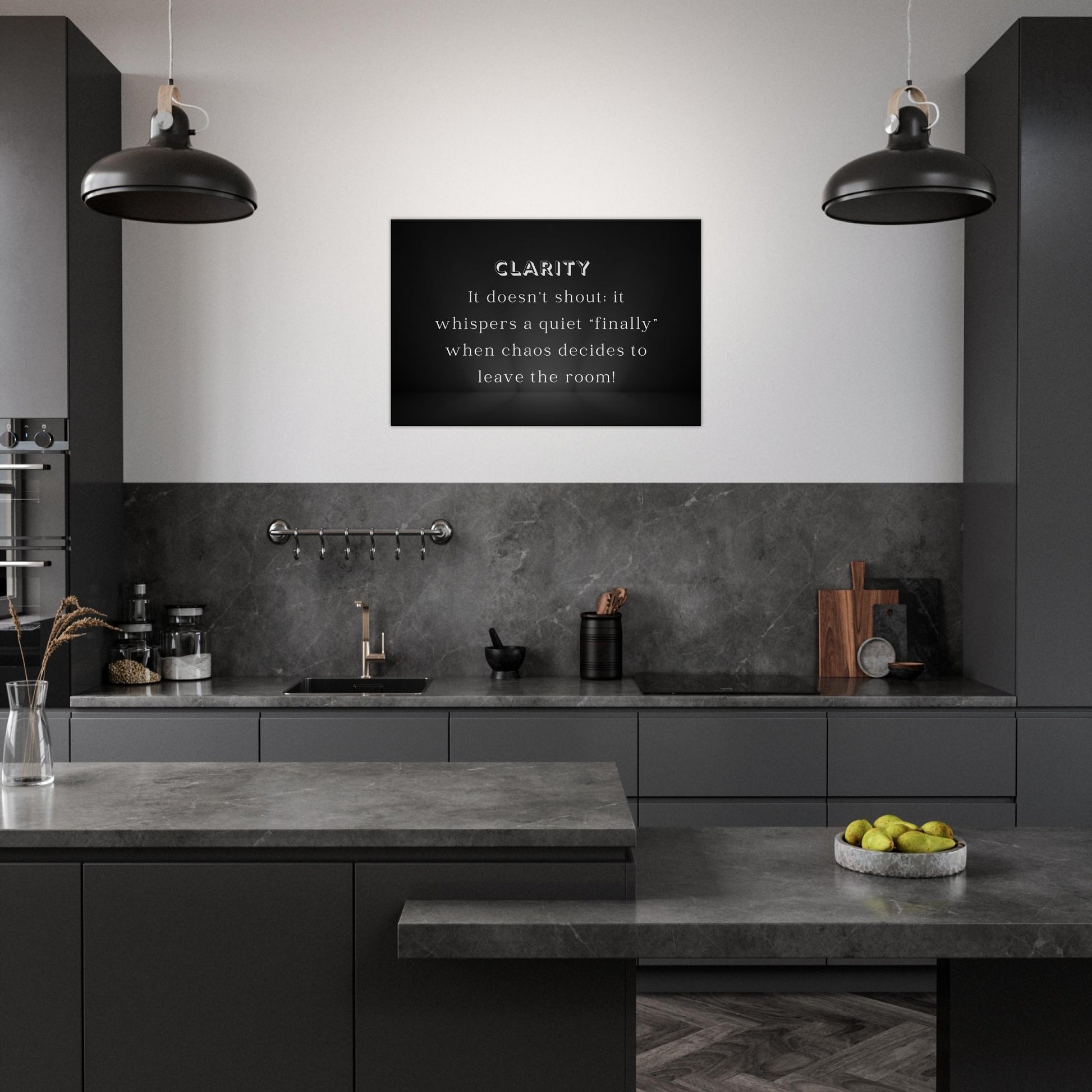 Minimalist inspirational wall art featuring emotional quote in white over black with subtle mist effect


