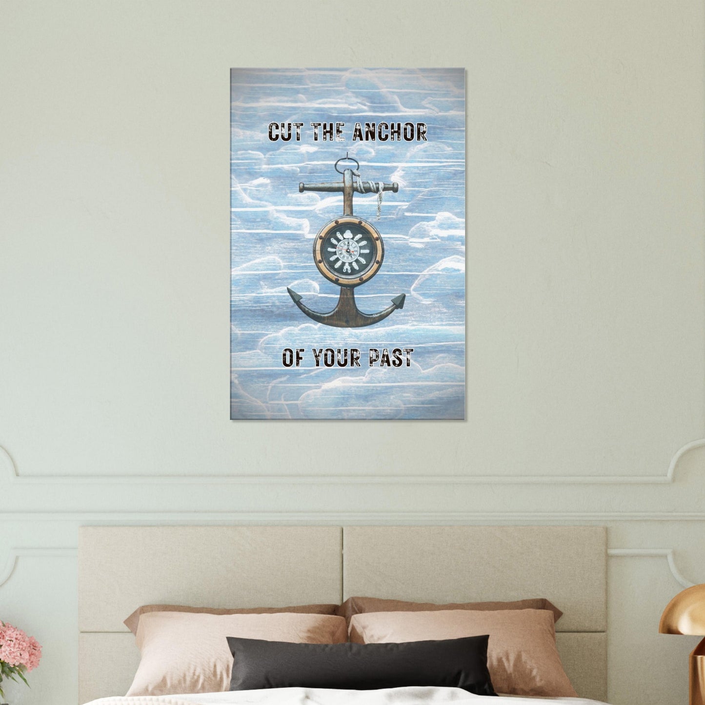 Rustic anchor design centered on pastel cloud background

