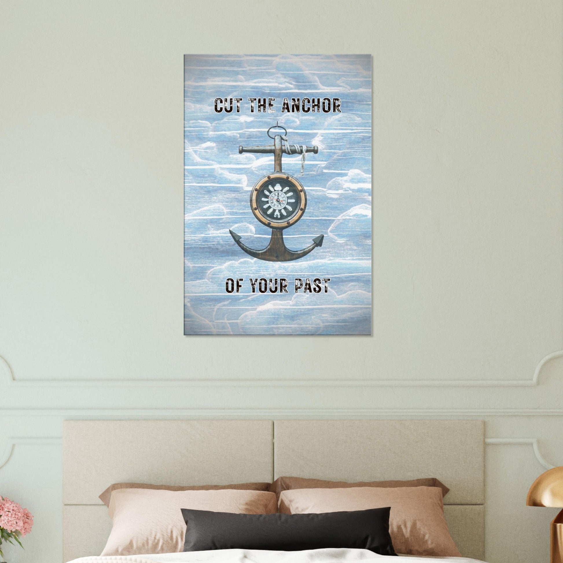Rustic anchor design centered on pastel cloud background

