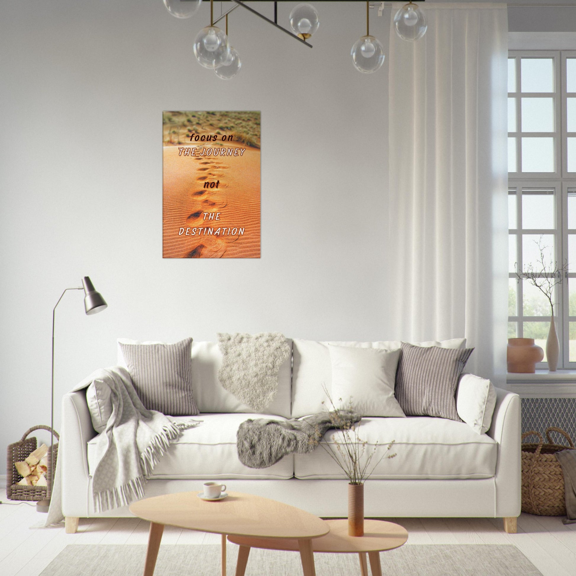 Motivational wall art featuring rippled ground and message about staying present over chasing outcomes

