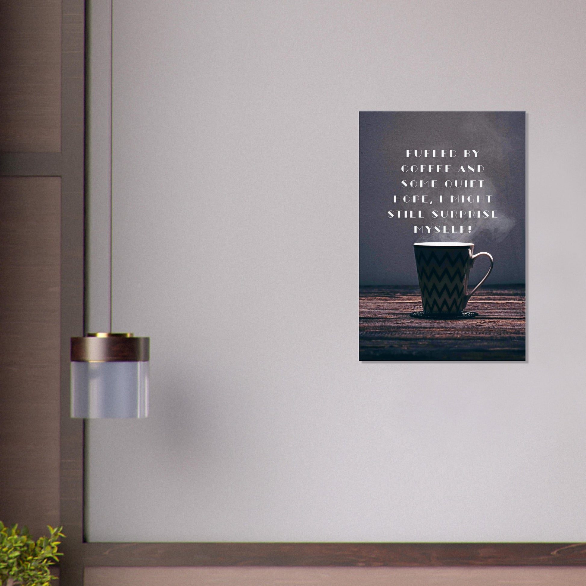 Black and brown canvas wall art with quote about quiet hope, coffee, and personal growth.