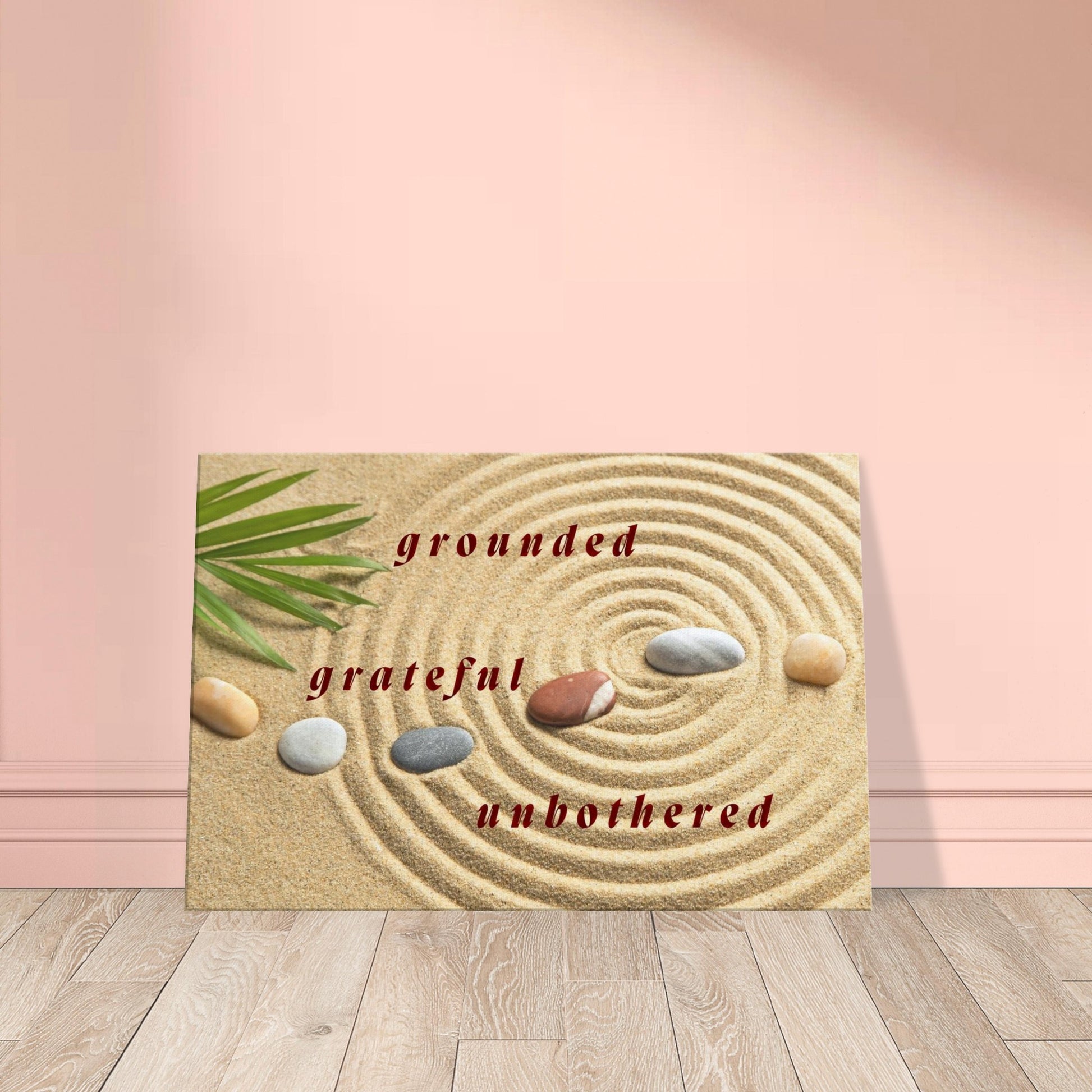 Zen-inspired decor with clean lines and centered message about inner peace

