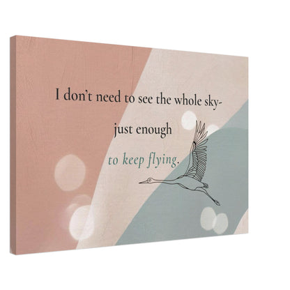 Horizontal wall art with flying crane over soft pastel background

