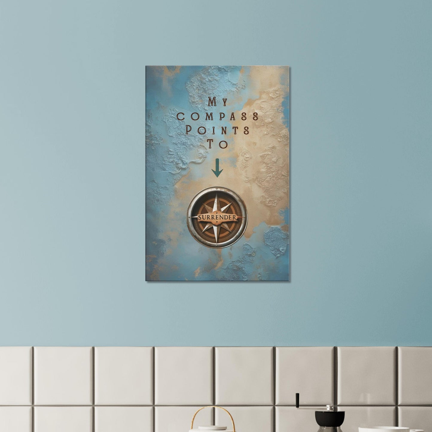 Wall art featuring arrow and compass with the word surrender at center

