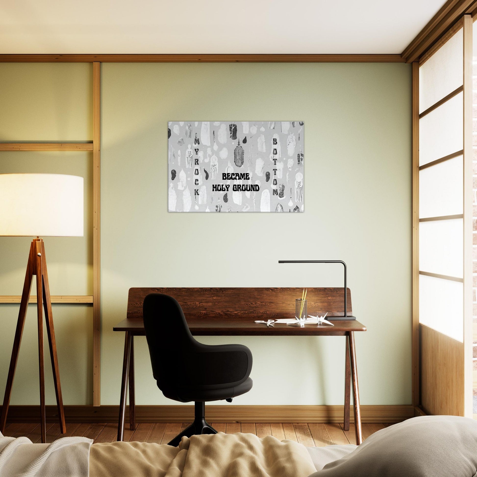 Grayscale wall art with subtle spirits and message of transformation


