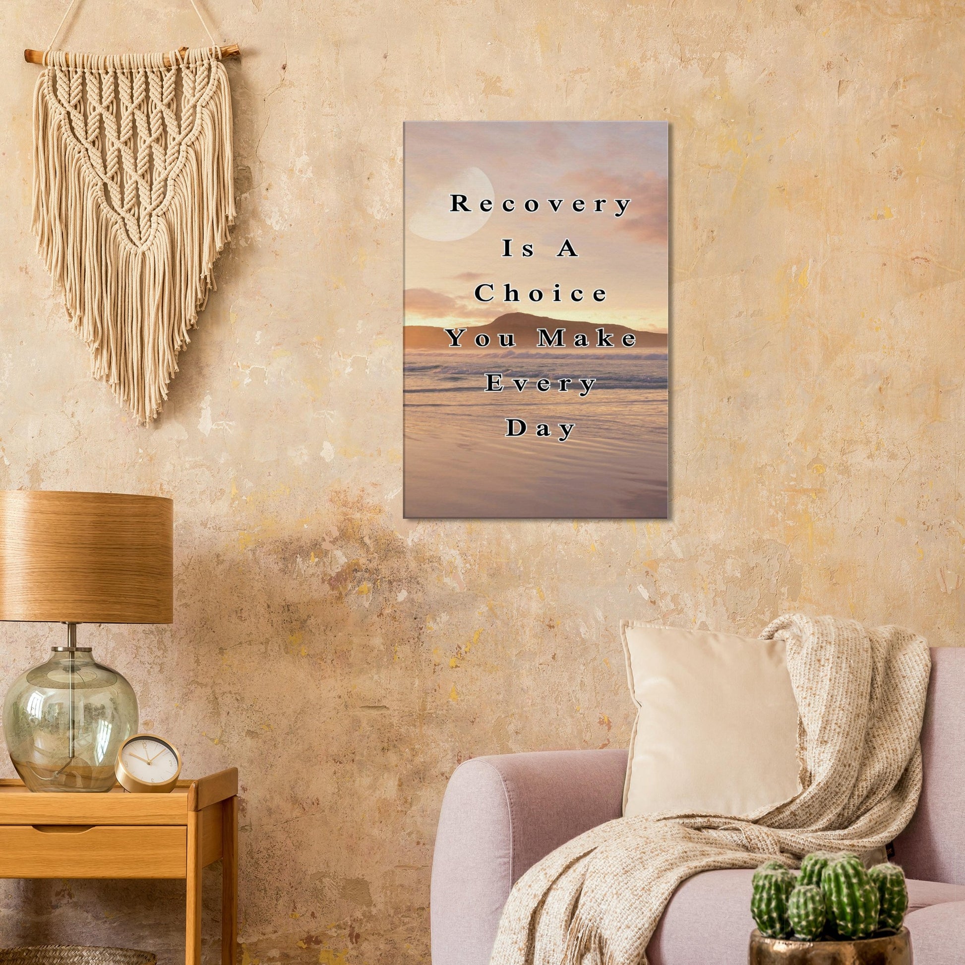 Inspirational waterfront wall art with soft sunset and mountain silhouette