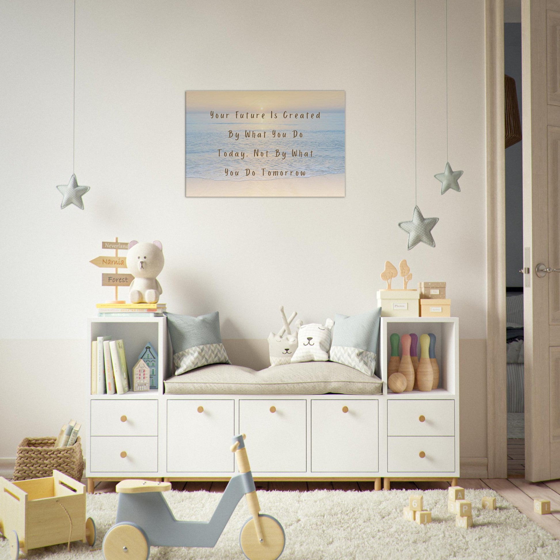 Motivational wall art with quote about building your future through today's actions. Serene calm ocean background. 