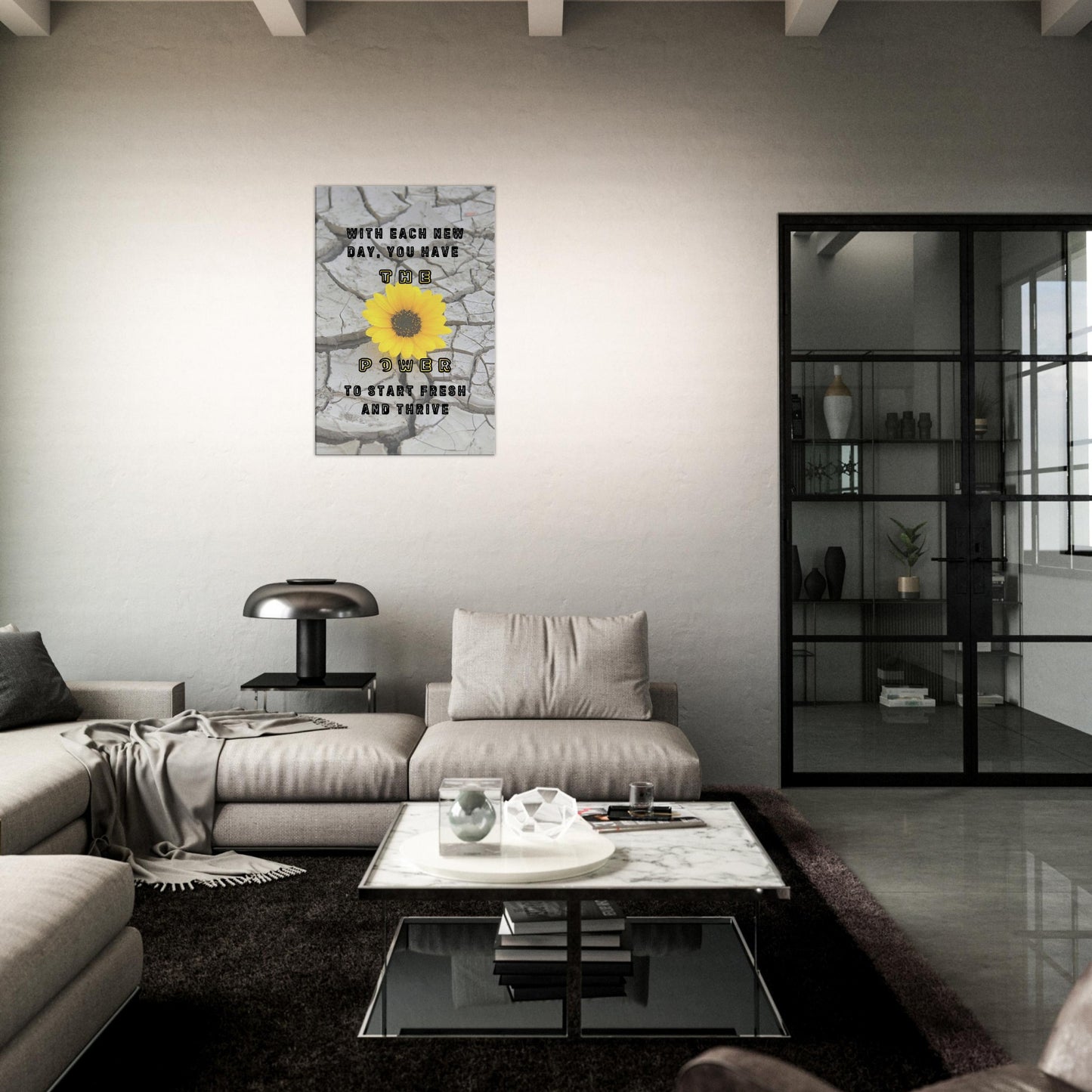 Cracked stone background with yellow daisy and quote 'with each new day you have the power to start fresh and thrive.'