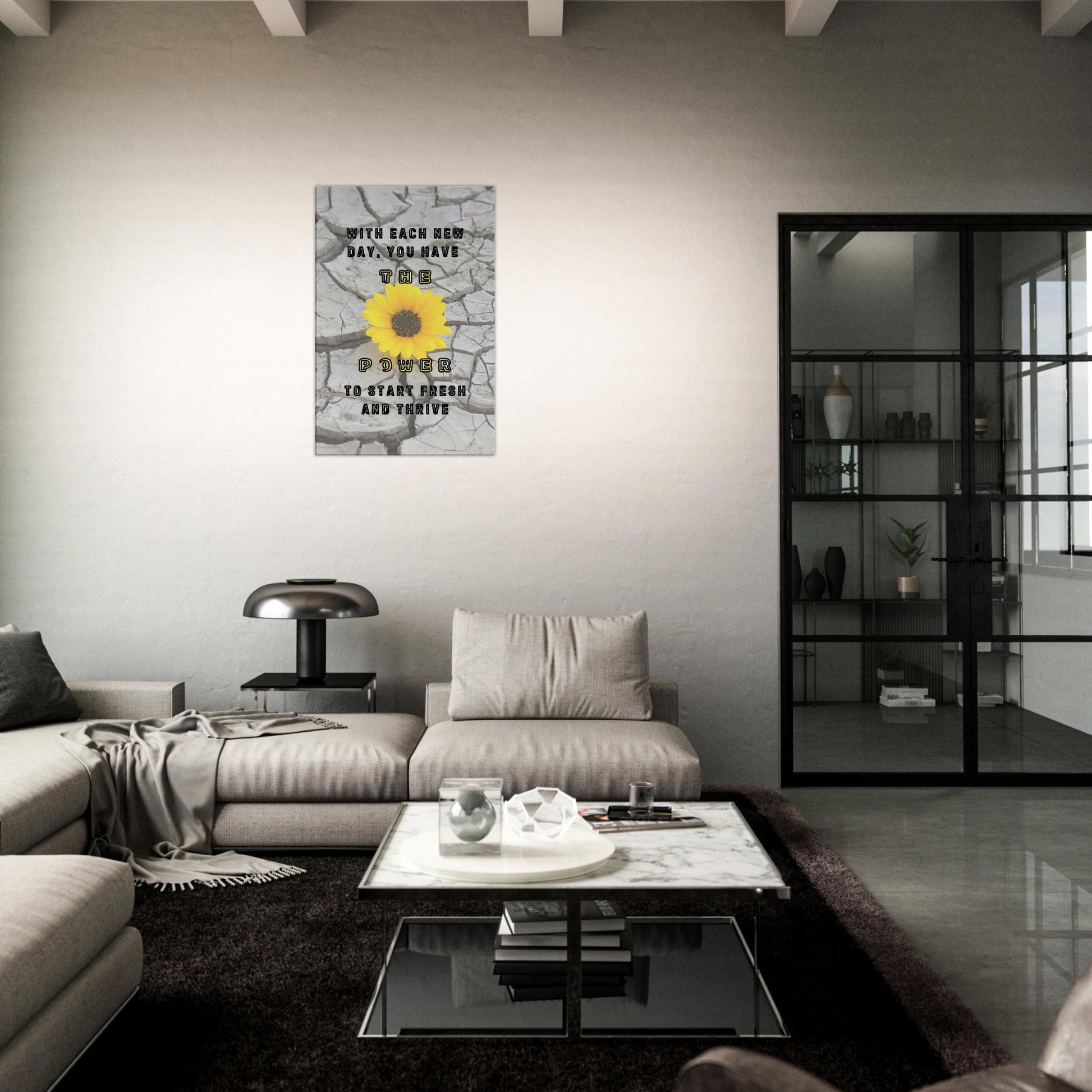 Cracked stone background with yellow daisy and quote 'with each new day you have the power to start fresh and thrive.'