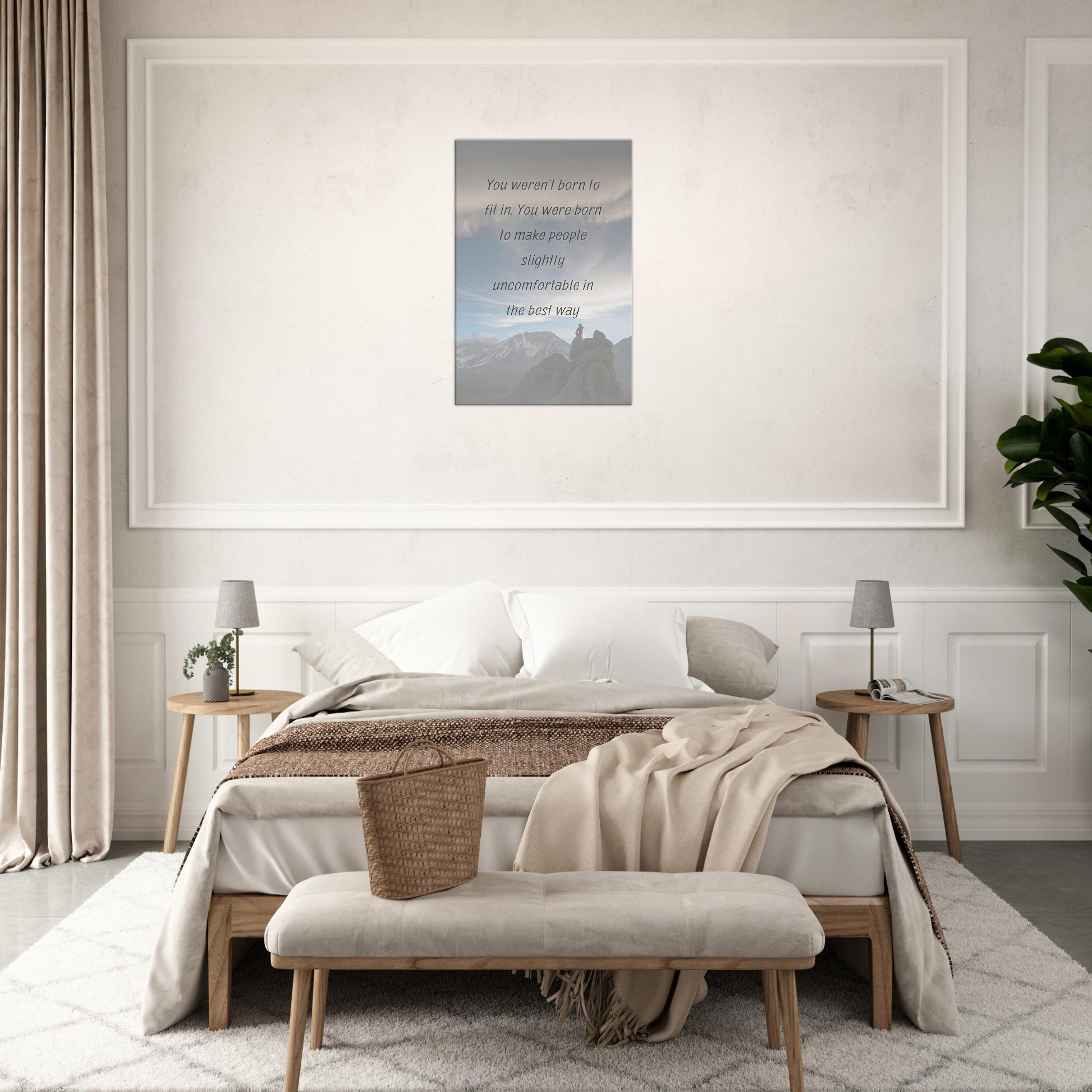 Inspirational wall art featuring powerful message and scenic mountain vista with a lone figure looking ahead

